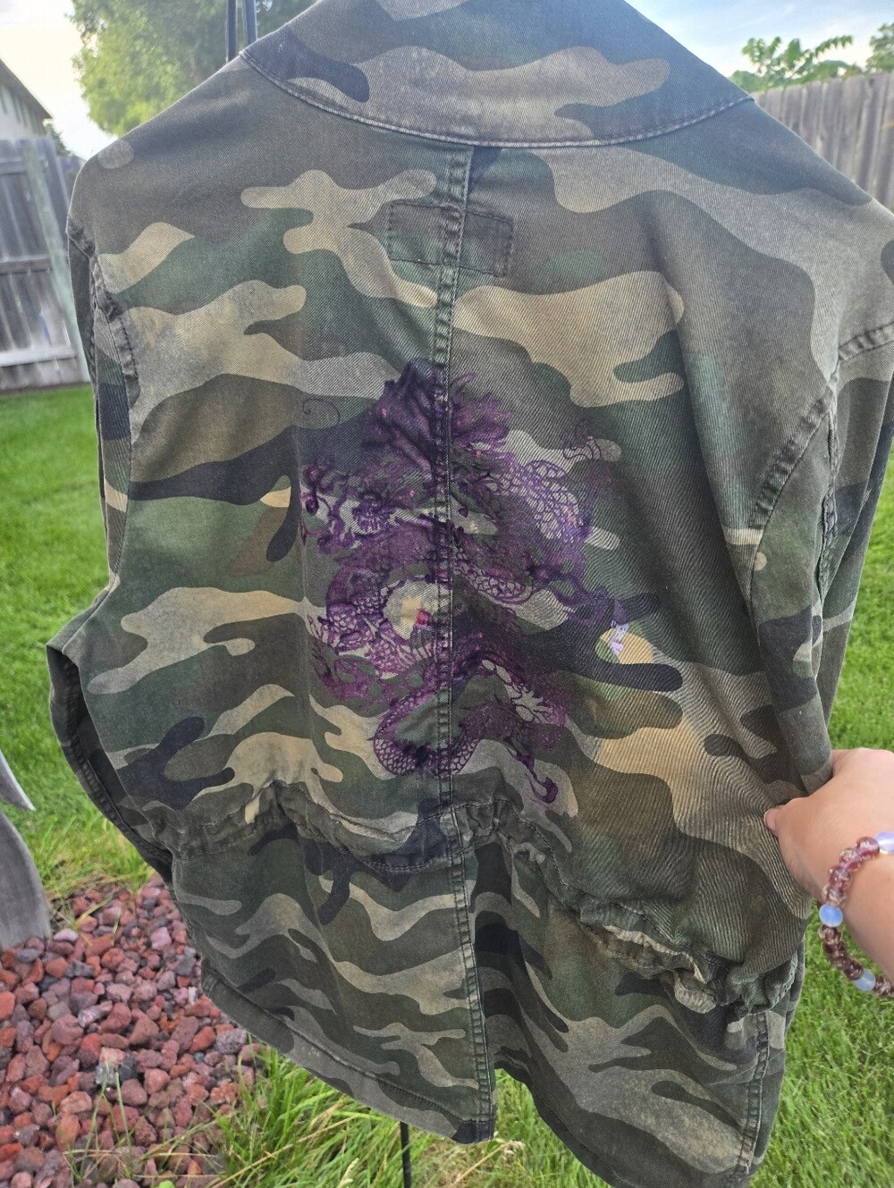 “Camouflage Dragon Jacket – Boho Streetwear Statement Piece, Artistic Upcycled - Picture 3 of 11
